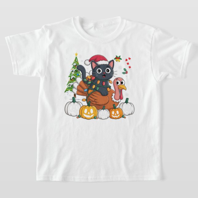 Happy HalloThanksMas Black Cat Turkey Pumpkins T-Shirt (Laydown)