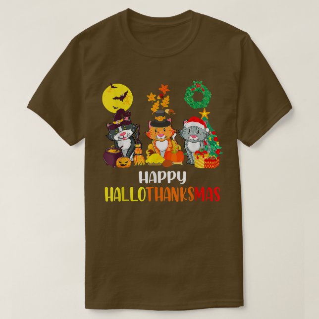 Happy Hallothanksmas Cat Halloween Christmas Thank T-Shirt (Design Front)