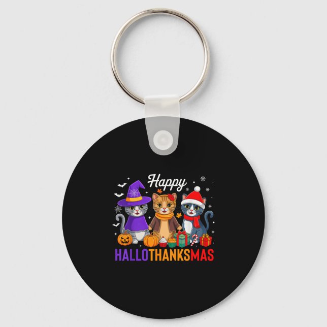 Happy Hallothanksmas Cat Halloween Thanksgiving Ch Keychain (Front)