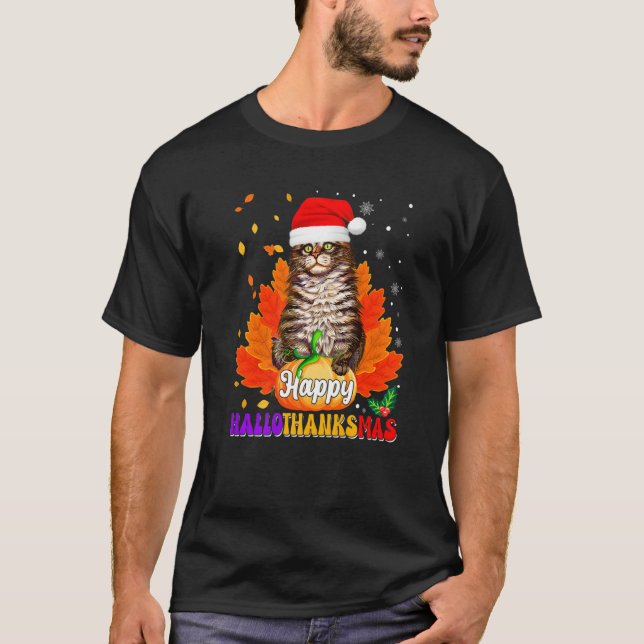 Happy Hallothanksmas Cat Pumpkin Santa Hat Cat Xma T-Shirt (Front)
