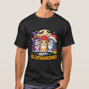 Happy Hallothanksmas Cat Trio Holidays Friends Mat T-Shirt