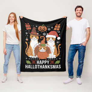 Happy Hallothanksmas Cats Halloween Christmas Fleece Blanket