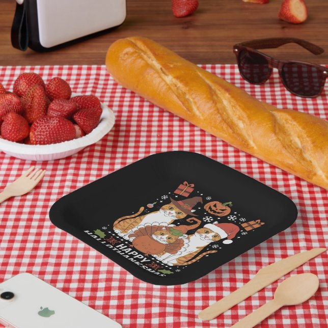 Happy Hallothanksmas Cats Halloween Christmas  Paper Plates (Picnic)