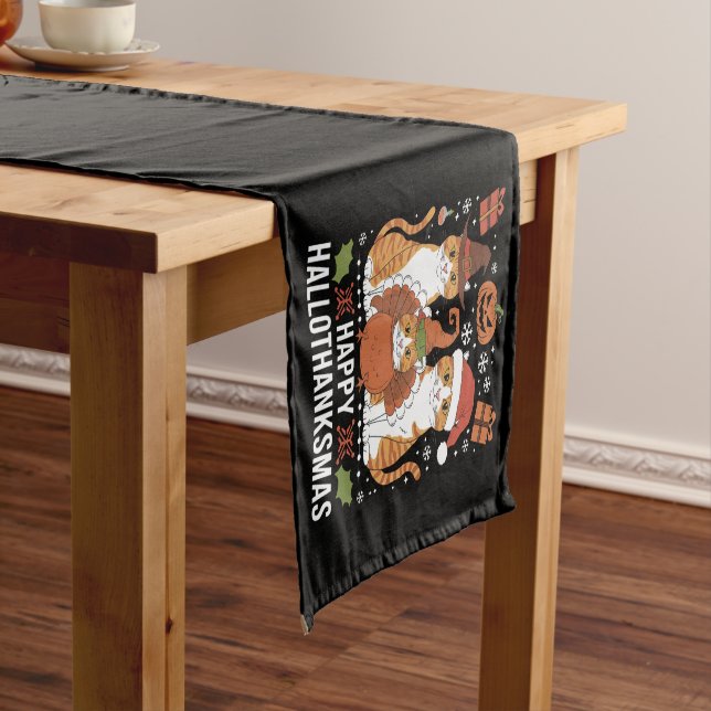 Happy Hallothanksmas Cats Halloween Christmas  Short Table Runner (In Situ)