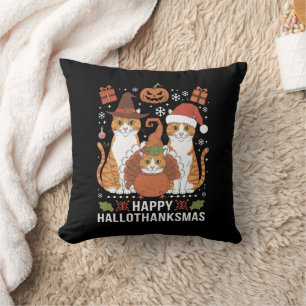 Happy Hallothanksmas Cats Halloween Christmas Throw Pillow