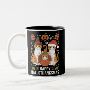 Happy Hallothanksmas Cats Halloween Christmas  Two-Tone Coffee Mug