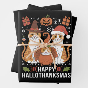 Happy Hallothanksmas Cats Halloween Christmas Wrapping Paper Sheets