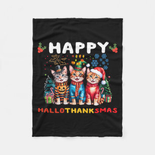 Happy Hallothanksmas Cats Halloween Thanksgiving C Fleece Blanket