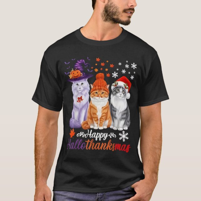 Happy HalloThanksMas Cats Halloween Thanksgiving C T-Shirt (Front)