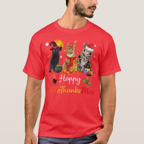 Happy Hallothanksmas Cats Lover Halloween Merry Ch T_Shirt