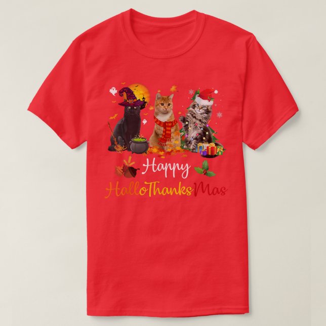 Happy Hallothanksmas Cats Lover Halloween Merry Ch T-Shirt (Design Front)