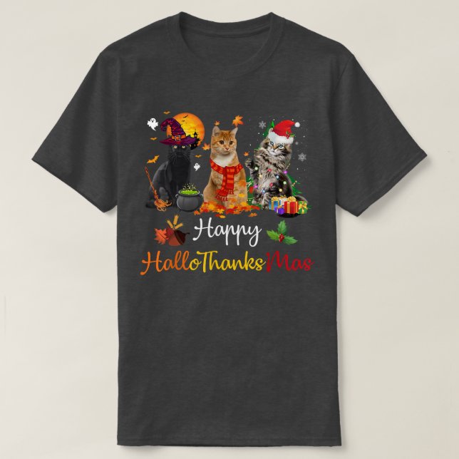 Happy Hallothanksmas Cats Lover Halloween Merry Ch T-Shirt (Design Front)