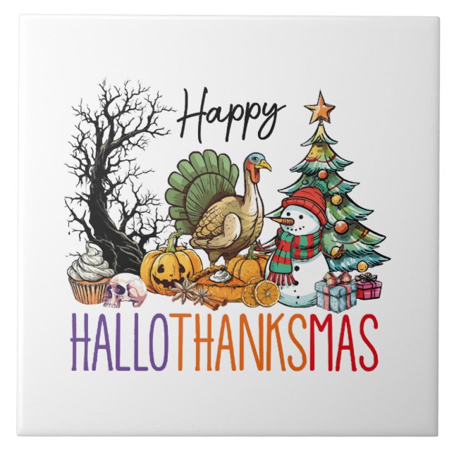 Happy Hallothanksmas Clipart Ceramic Tile (Front)