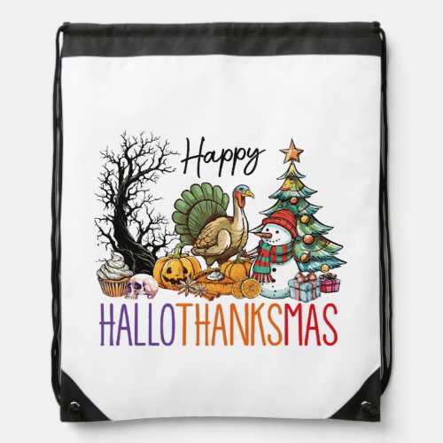 Happy Hallothanksmas Clipart Drawstring Bag