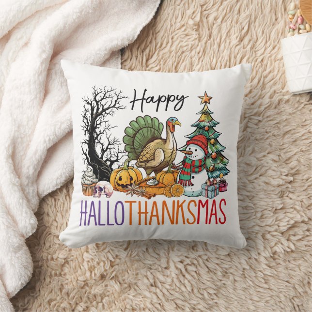 Happy Hallothanksmas Clipart Throw Pillow (Blanket)