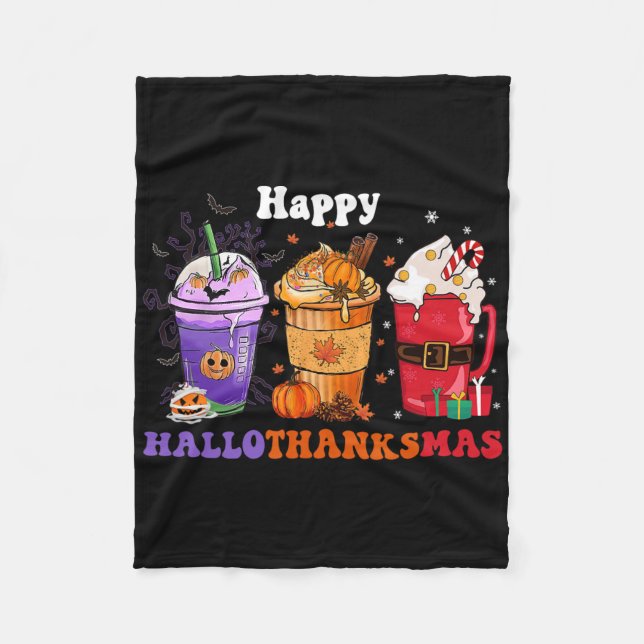 Happy Hallothanksmas Coffee Halloween Thanksgiving Fleece Blanket (Front)