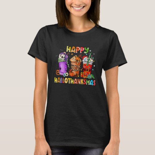 Happy Hallothanksmas Coffee Latte Witch Santa Hat  T_Shirt