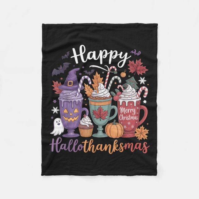 Happy Hallothanksmas Coffee Lover Halloween Merry  Fleece Blanket (Front)