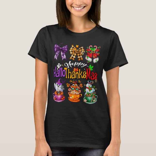 Happy Hallothanksmas Coquette Bow Coffee Latte Can T-Shirt (Front)