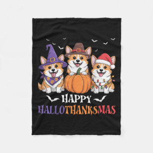 Happy Hallothanksmas Corgi Dogs Halloween Christma Fleece Blanket
