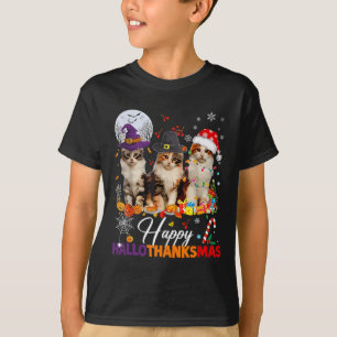 Happy Hallothanksmas Cute Cats Halloween Thanksgiv T-Shirt