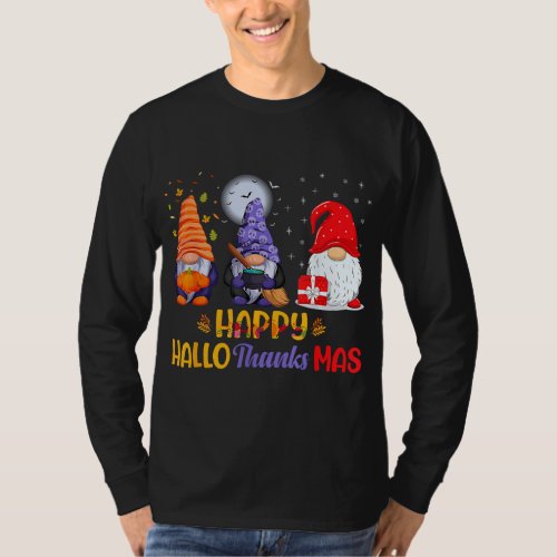 Happy HalloThanksMas Cute Gnomes Halloween Thanksg T_Shirt