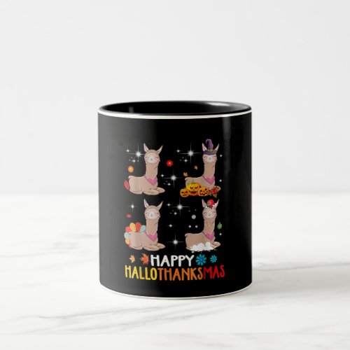 Happy Hallothanksmas Cute Witch Turkey Santa Llama Two_Tone Coffee Mug