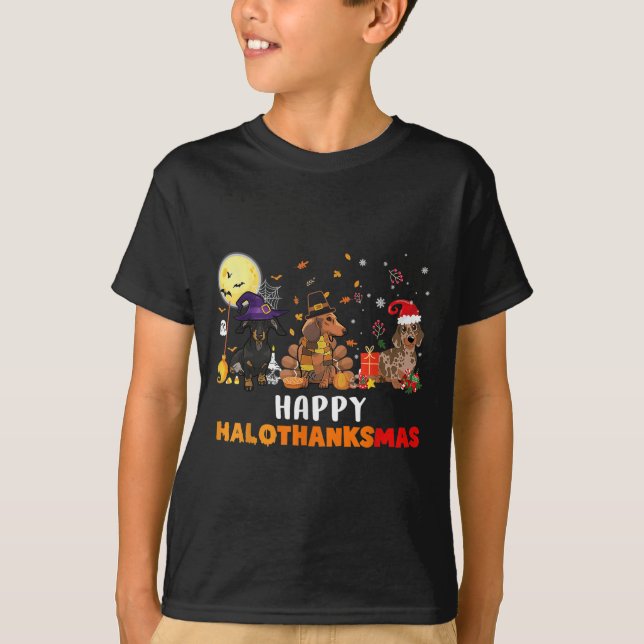 Happy Hallothanksmas Dachshund Dog Lover Halloween T-Shirt (Front)
