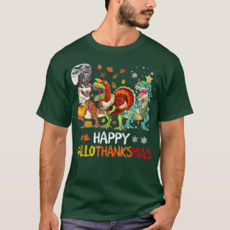 Happy Hallothanksmas Dinosaur TRe Halloween Christ T-Shirt