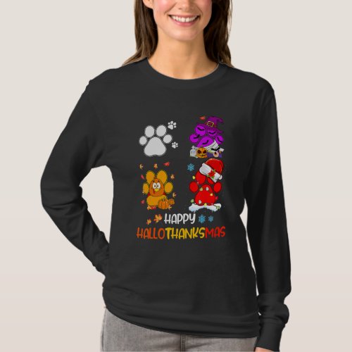 Happy HalloThanksMas Dog Paws Halloween Thanksgivi T_Shirt