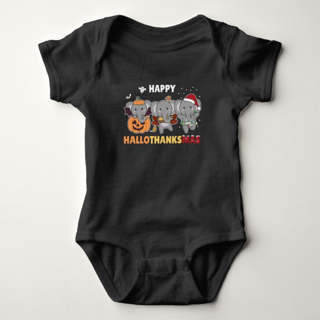 Happy Hallothanksmas Elephant Christmas Elephant Baby Bodysuit (Front)