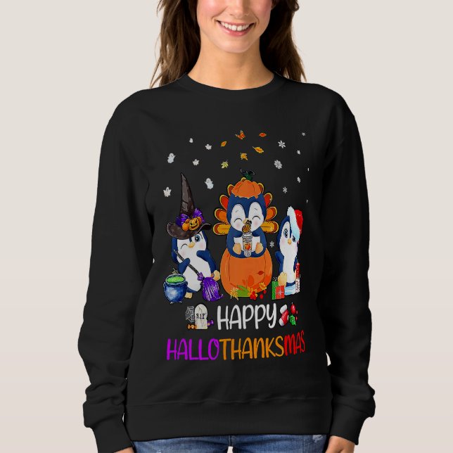 Happy HalloThanksMas Fall Pumpkin  Penguin Sweatshirt (Front)