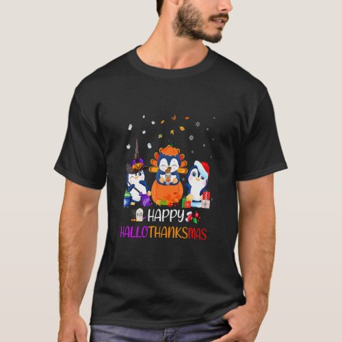 Happy HalloThanksMas Fall Pumpkin  Penguin  T_Shirt