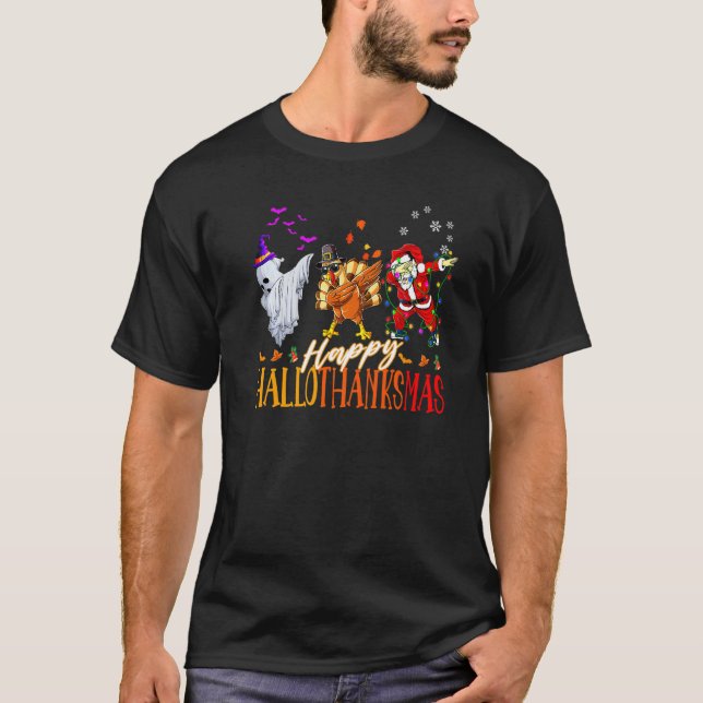 Happy Hallothanksmas Family Cute Ghost Turkey Sant T-Shirt (Front)