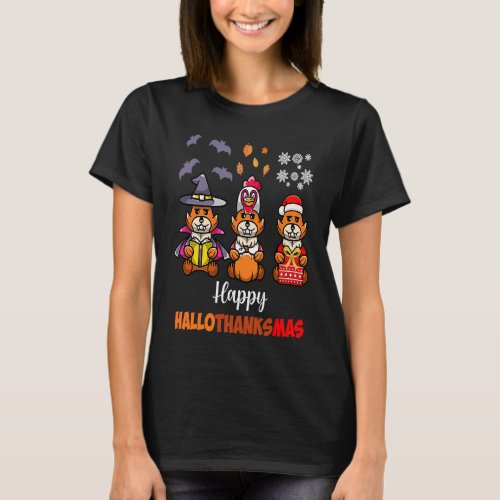 Happy Hallothanksmas Fox  Halloween Thanksgiving X T_Shirt