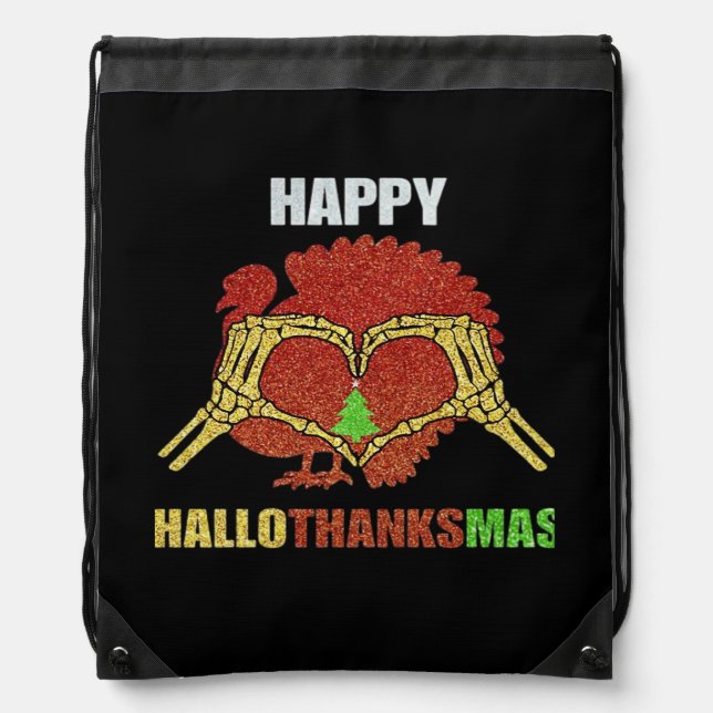 Happy Hallothanksmas Fun Holiday Season Mashup Drawstring Bag (Front)