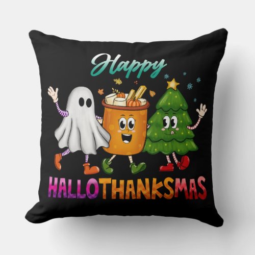 Happy HalloThanksMas Funny Dark Throw Pillow