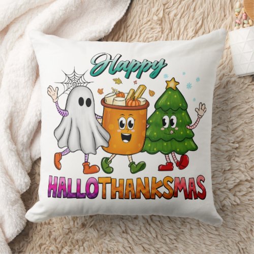 Happy HalloThanksMas Funny  Throw Pillow