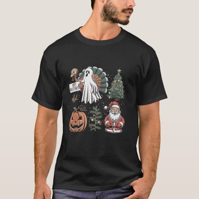 Happy Hallothanksmas Ghost Turkey Pumpkin Christma T-Shirt (Front)