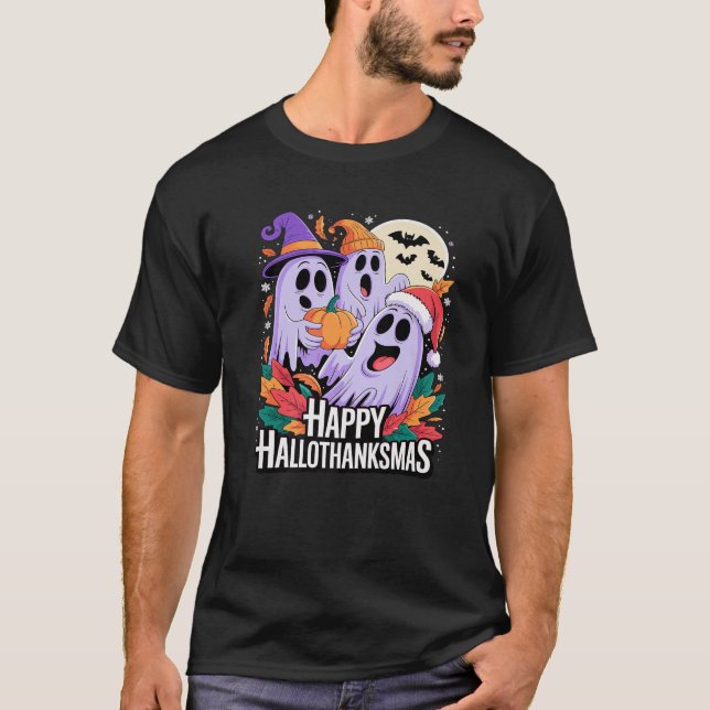 Happy Hallothanksmas Ghosts and Pumpkins Premium  T-Shirt (Front)