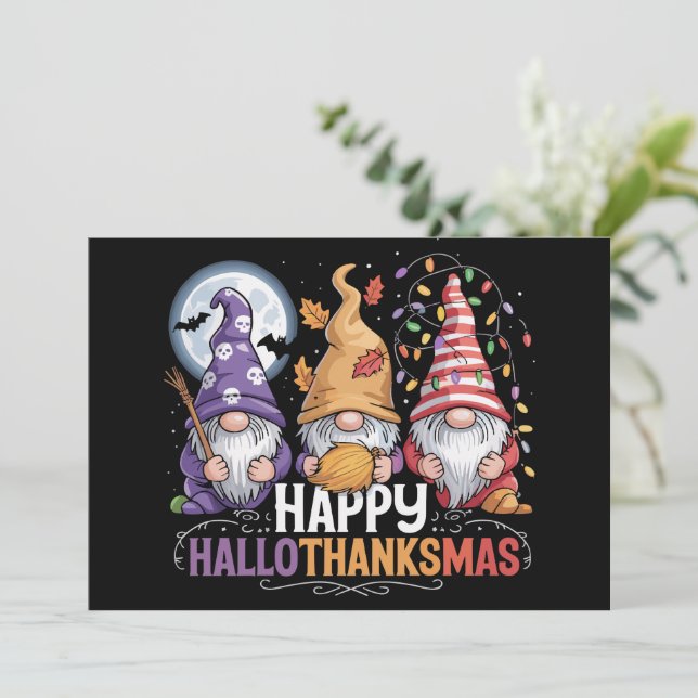 Happy HalloThanksMas Gnomes Halloween Christmas Holiday Card (Standing Front)