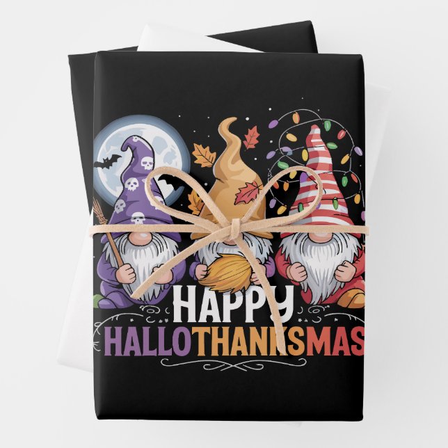 Happy HalloThanksMas Gnomes Halloween Christmas Wrapping Paper Sheets (In situ)