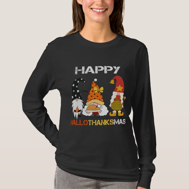 Happy HalloThanksMas Gnomes Halloween T-Shirt (Front)