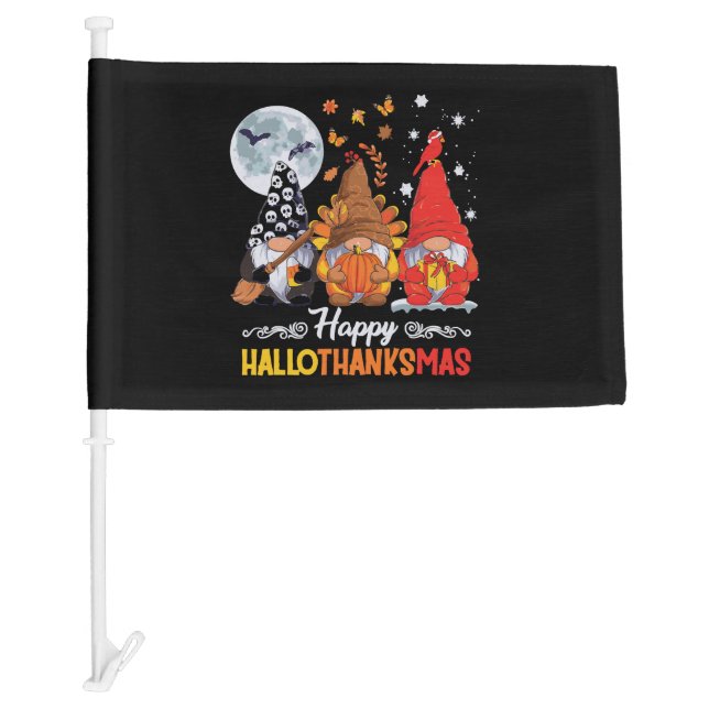 Happy Hallothanksmas Gnomes Halloween Thanksgiving Car Flag (Front)