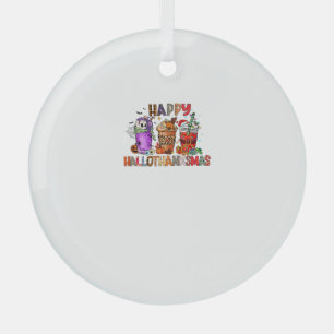 Happy Hallothanksmas Gnomes Halloween Thanksgiving Glass Ornament