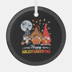 Happy Hallothanksmas Gnomes Halloween Thanksgiving Glass Ornament