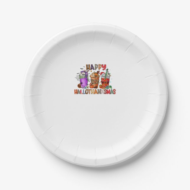Happy Hallothanksmas Gnomes Halloween Thanksgiving Paper Plates (Front)