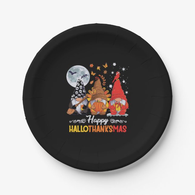 Happy Hallothanksmas Gnomes Halloween Thanksgiving Paper Plates (Front)