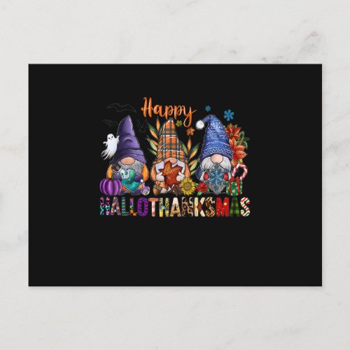 Happy Hallothanksmas Gnomes Halloween Thanksgiving Postcard