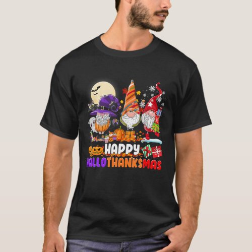 Happy HalloThanksMas Gnomes Halloween Thanksgiving T_Shirt